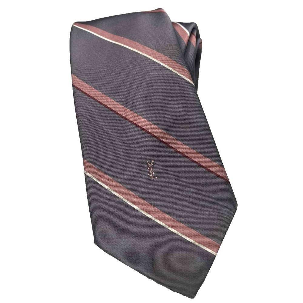 Vintage Men's Yves Saint Laurent Luxury Monogram Striped Preppy Neck Tie‎ 58"x3"